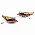 Two Handmade Traditional Wooden Boats With Woven Design And Oars