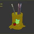Cartoon Tree Stump Shaped Pencil Holder with Little Bear and Little Fox Design Holding Pens