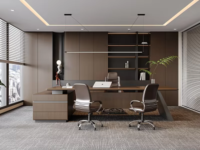 Modern Office Interior Design With Wooden Desk Gray Chairs Bookshelf Green Plant And Blinds 3d model