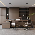 Modern Office Interior Design With Wooden Desk Gray Chairs Bookshelf Green Plant And Blinds