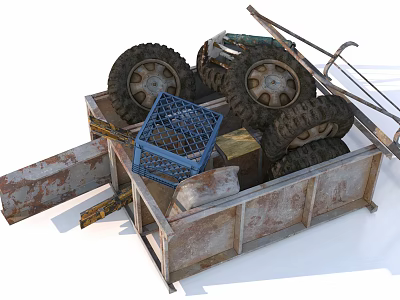 Rusty Truck Bed Loaded With Large Tires Blue Crate And Wooden Planks 3d model