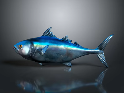 Metallic Fish with Blue and Silver Sheen Fins Tail and Reflection on Gray Background 3d model
