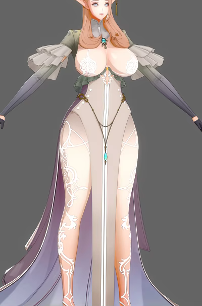 Woman In Elegant Purple And White Long Dress With Intricate Patterns And Blue Pendant Necklace 3d model