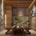 Japanese Zen Restaurant With Stone Wall Light Strips Pine Tree Decoration And Tatami Floor