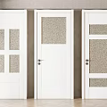 White Interior Swing Doors Featuring Textured Panels Multiple Rectangular Designs And Metal Handles