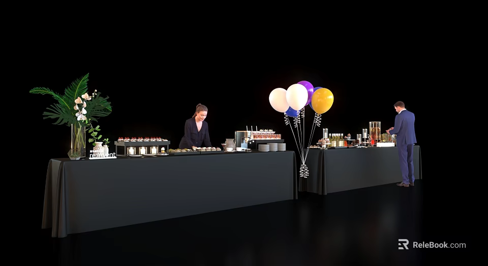 Commercial Catering Equipment with Service Counter Food Display Balloons Plants and Staff 3d model 