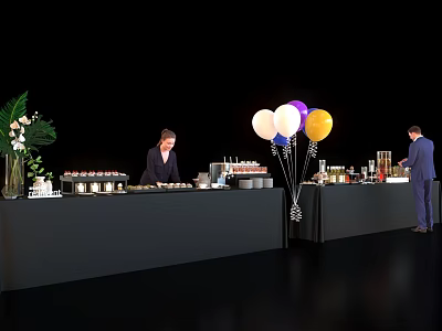 Commercial Catering Equipment with Service Counter Food Display Balloons Plants and Staff 3d model