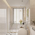 Modern Bathroom Interior Featuring White Tiled Walls Arched Mirror Lemon Art And Patterned Countertop