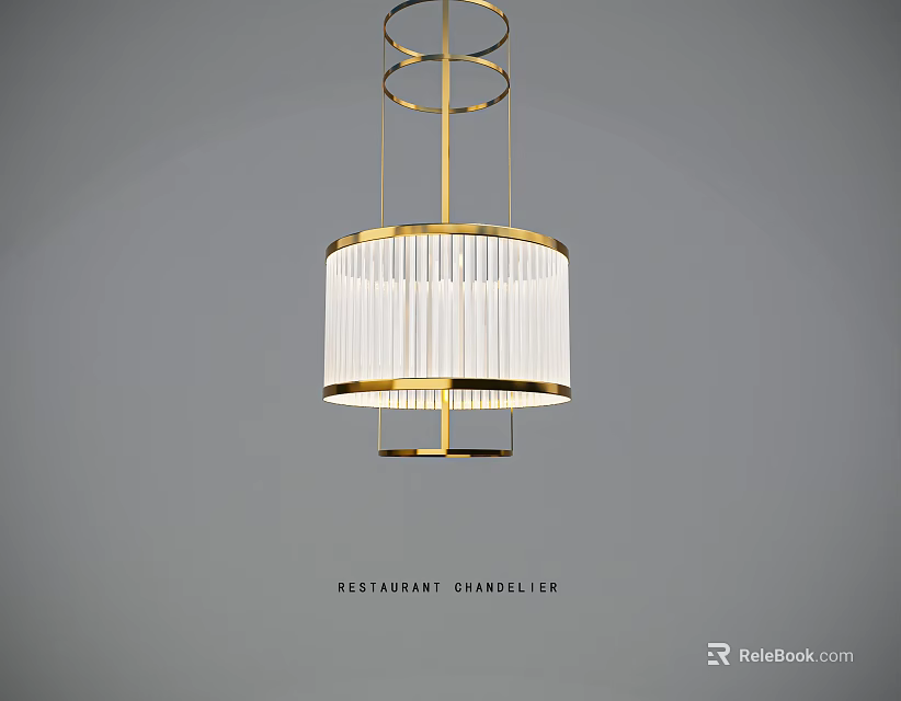 Stylish Restaurant Chandelier With Golden Frame White Fringed Shade And Hanging Design 3d model 
