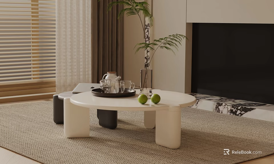 Modern Living Room Sofa Coffee Table Set With White Round Table Green Apples And Fireplace 3d model 