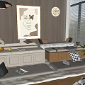 Cozy Living Interior Featuring Multi functional Storage Benches Cushions Artwork And Pendant Light 3d model