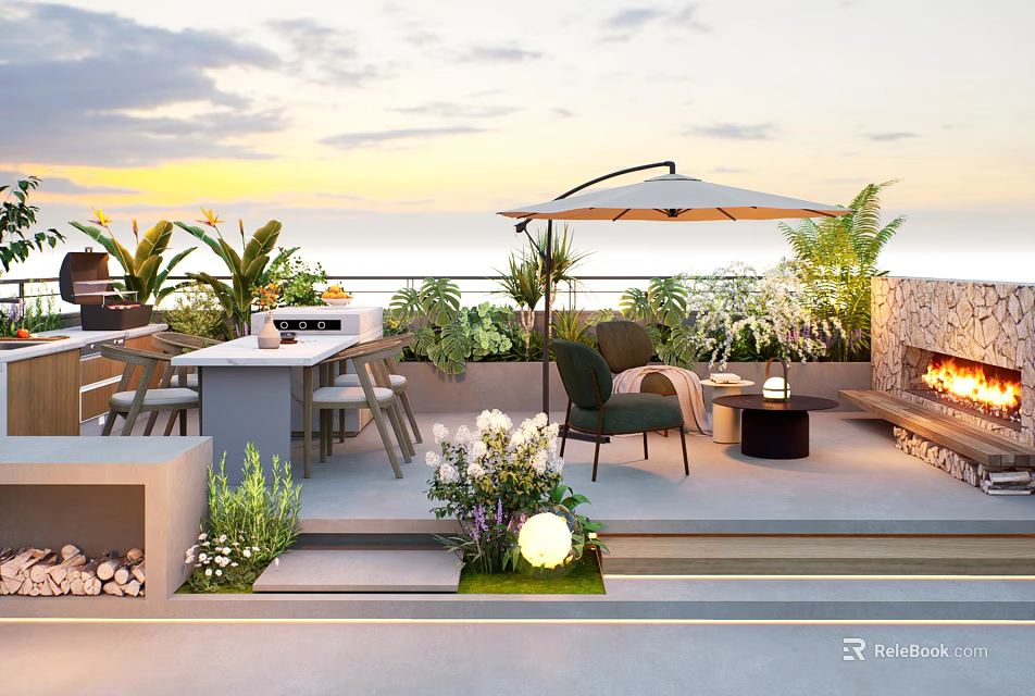 Rooftop Garden Terrace Design With Sunset View Outdoor Seating Lush Plants And Fire Pit 3d model 