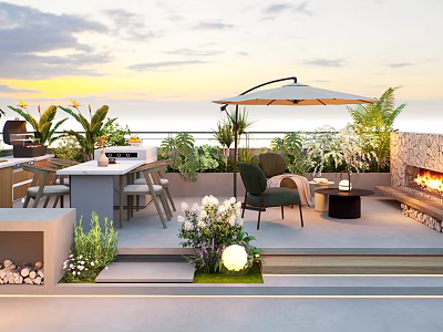 Rooftop Garden Terrace Design With Sunset View Outdoor Seating Lush Plants And Fire Pit 3d model