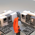 Industrial Equipment With Robotic Arms And Material Blocks In Production Line