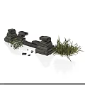 Modern Outdoor Garden With Stone Structures And Lush Green Plants