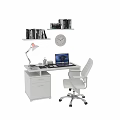 Modern Office Desk And Chair Set With Desk Lamp Laptop Bookshelf And Wall Clock