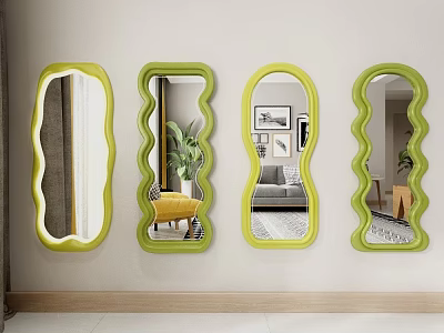 Green Wavy Mirrors Wall Mounted in Living Room with Furniture and Plant Reflections 3d model