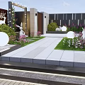 Courtyard Garden Design With Green Lawn Stone Pathway Flower Beds Fire Pit And Decorative Rabbits