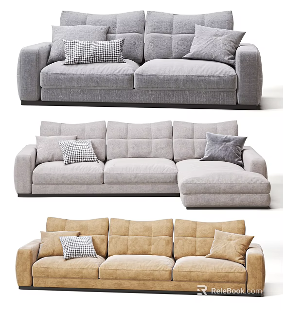 Modern Fabric Sofa Set with Checkered Solid Cushions and Chaise Lounge Design 3d model