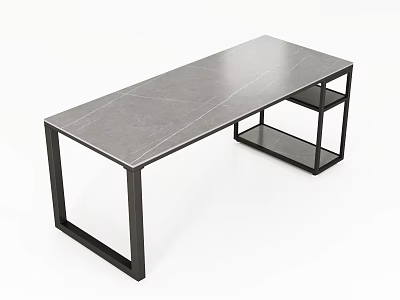 Modern Desk With Gray Marble Top And Black Metal Frame Lower Shelf 3d model