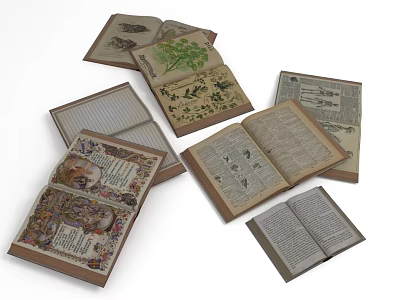 Open Vintage Books With Botanical Illustrations Text Pages And Old Prints 3d model