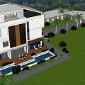 Modern Single Family Villa Exterior With Large Glass Windows Courtyard And Mountain View