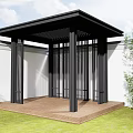 Modern Pergola with Black Frame and Wooden Deck Featuring Sofa and Green Plants