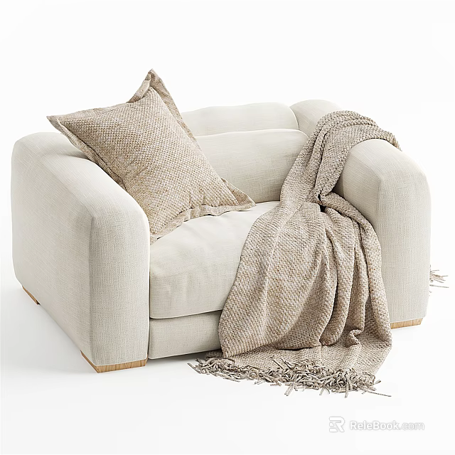 Cozy Single Sofa with Woven Pillow and Fringed Blanket in Neutral Tones 3d model 