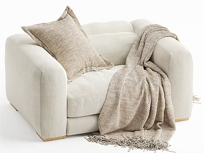 Cozy Single Sofa with Woven Pillow and Fringed Blanket in Neutral Tones 3d model