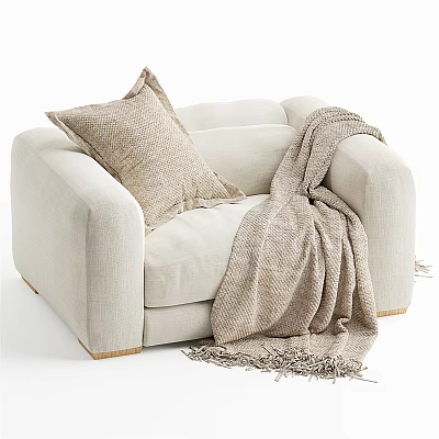 Cozy Single Sofa with Woven Pillow and Fringed Blanket in Neutral Tones 3d model
