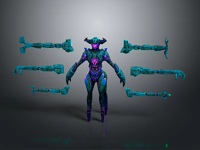 Game Movie Character with Horned Purple Blue Armor Surrounded by Multiple Weapon Parts 3d model