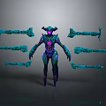 Game Movie Character with Horned Purple Blue Armor Surrounded by Multiple Weapon Parts