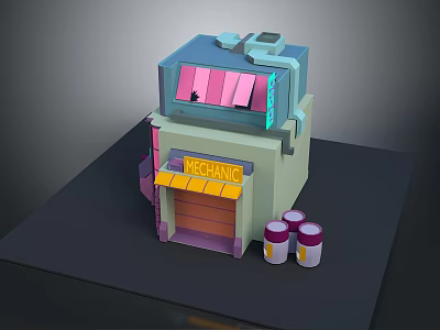 Two Story Mechanic Storefront Building With Yellow Awning Pink Windows And Purple White Buckets 3d model