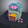 Two Story Mechanic Storefront Building With Yellow Awning Pink Windows And Purple White Buckets