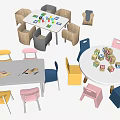 Children's Table Round And Rectangular With Colorful Chairs And Toy Blocks On Top