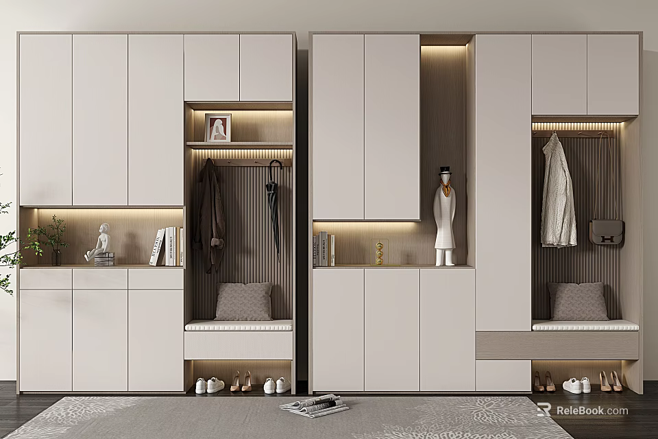 Modern Luxury White Shoe Cabinet with Clothing Hanging Area and Display Shelf Minimalist Design 3d model 