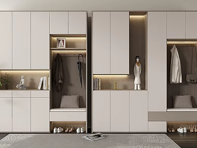 Modern Luxury White Shoe Cabinet with Clothing Hanging Area and Display Shelf Minimalist Design 3d model