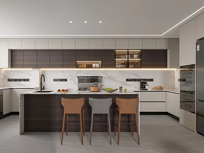 Modern Kitchen Interior With Island Counter Marble Countertop Cabinets Chairs And Appliances 3d model