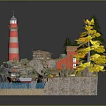 3D Model Scene With Lighthouse Small Houses Rocky Terrain Trees Water And Boat