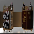 Elegant Round Wheeled Wine Cabinet With Open Doors Red Wine Bottles Glassware And Decorative Flowers