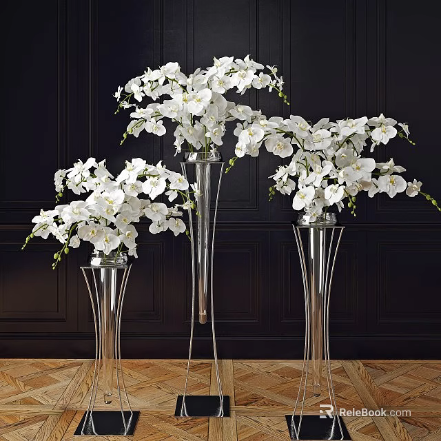 Elegant White Orchids in Tall Metal Vases Against Dark Wall and Wooden Floor 3d model 