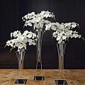 Elegant White Orchids in Tall Metal Vases Against Dark Wall and Wooden Floor