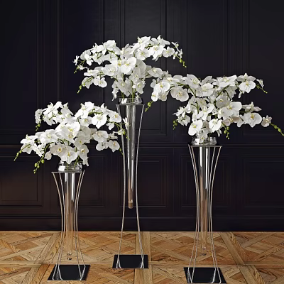 Elegant White Orchids in Tall Metal Vases Against Dark Wall and Wooden Floor 3d model