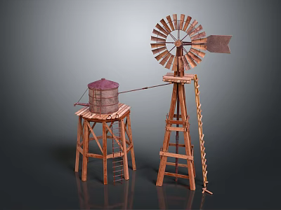 Rustic Wooden Windmill Structure With Water Bucket On Stand Decorative Outdoor 3d model