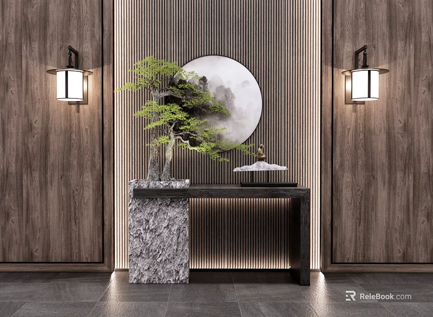 Elegant Console Table With Stone Base Potted Plant Circular Decor And Wall Lamps 3d model