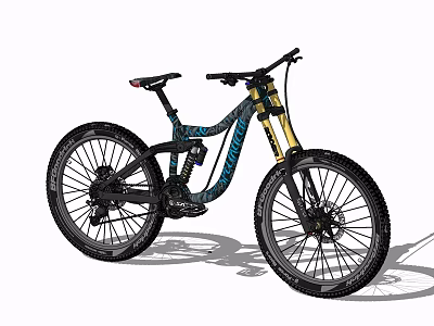 Blue And Black Mountain Bike With Large Tires And Golden Fork Design 3d model