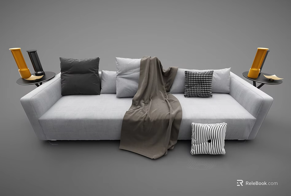 Light Gray Sectional Sofa With Black Gray And Checkered Pillows And Brown Throw Blanket 3d model 