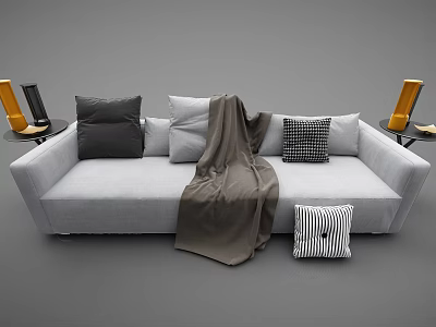 Light Gray Sectional Sofa With Black Gray And Checkered Pillows And Brown Throw Blanket 3d model