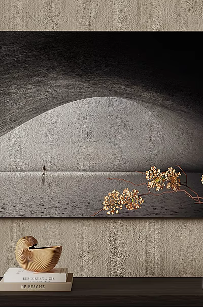 Abstract Painting With Arch Water Reflection Silhouette And Wooden Bowl Books Dried Flowers On Table 3d model