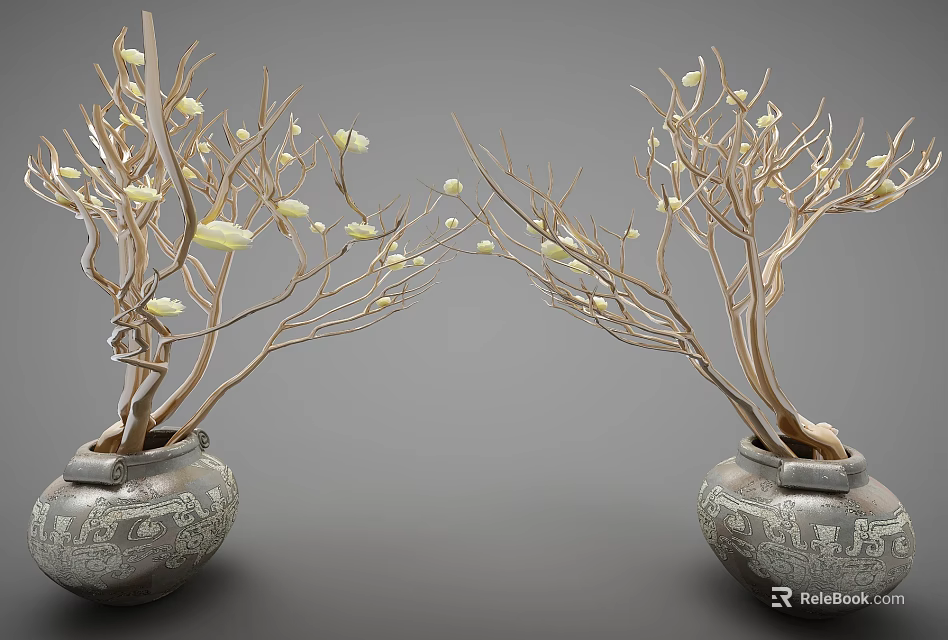 Elegant Decorative Ornament Set With Carved Vases Brown Branches And White Flowers 3d model 